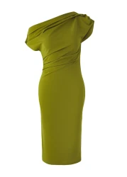  Collection Oil Green Midi Knitted Dress with Draped Detail