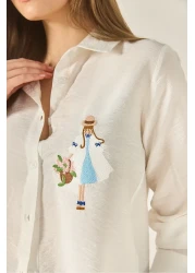 Bianco Lucci قميص نسائي بأكمام طويلة مفصلة بتطريزات أيروبين MG5166 60283242