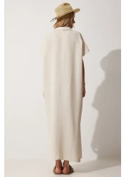 Happiness İstanbul فستان كتان صيفي طويل بقلادة كريمية للنساء ZH00015