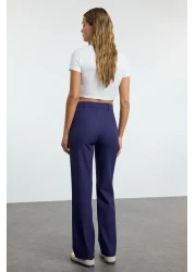  Collection Navy Blue Straight Cut High Waist Ribbed Stitched Woven Trousers TWOSS21PL0093