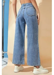 Trn JNS بنطلون جينز نسائي من الليكرا فضفاض باللون الأزرق الفاتح وخصر عالي فضفاض من قماش الدنيم