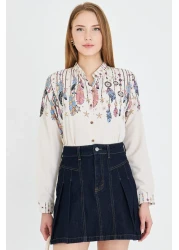 armonika Women's Light Beige Judge Collar Patterned Shirt Arm-25Y 001013