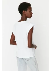  Collection White 100% Cotton Wadding Look Basic Crew Neck Knitted T-Shirt TWOSS20TS0021