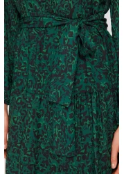  Modest فستان منسوج من الشيفون مبطن بحزام منقوش باللون الأخضر الداكن TCTSS21EL3346