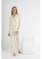 DOFİ طقم بيجامة Aerobin أصفر بأزرار للنساء - نمط الكرز، مناسب للصيف وملابس المنزل