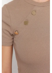  Collection Mink Button Detailed Ribbed Fitted/Fitted Stretch Knitted Blouse TWOSS24BZ00536