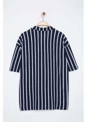  Collection Limited Edition Navy Blue Striped Knitwear Look Polo Neck T-Shirt Tmnss25Po00011