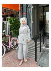 VOLT CLOTHİNG Women's Waist Drawstring Linen Jacket Pants Set