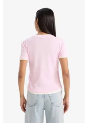 Defacto Slim Fit Slim Fit Crew Neck Basic Plain Ribbed Short Sleeve Pink T-Shirt F3504Ax25Sm