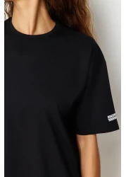  Collection Black 100% Cotton Slogan Printed Oversize/Wide Fit Crew Neck Knitted T-Shirt TWOSS23TS00183