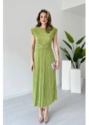 MODAMİNEM فستان نسائي بطيات باللون الأخضر الفستقي مع تفاصيل أربطة