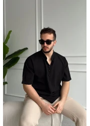 Livio Ferri قميص Soro رجالي كبير الحجم ذو مظهر كتان وأكمام قصيرة وياقة نصف فتحة