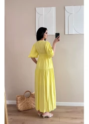 LOCH BUTİK فستان طويل أصفر بأكمام قصيرة ورقبة على شكل حرف V للنساء