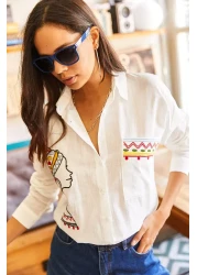 Olalook قميص نسائي كاجوال من الكتان المنسوج مع جيوب وتطريز GML-19001009