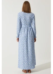 Happiness İstanbul Women's Sky Blue Floral Summer Long Knitted Dress DD01322