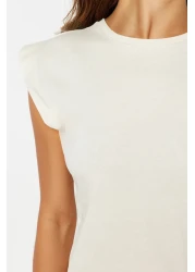  Collection Beige 100% Cotton Wadding Look Basic Crew Neck Knitted T-Shirt TWOSS20TS0021