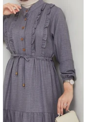 HARMAN BUTİK فستان نسائي من الكتان الرمادي بأزرار مكشكشة