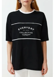  Collection Black 100% Cotton Color Blocked Slogan Oversize/Wide Fit Knitted T-Shirt TWOSS24TS00132