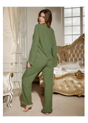 BELLA NOTTE طقم بيجامة طويلة بربطة أمامية باللون الأخضر