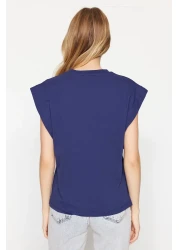  Collection Navy Blue 100% Cotton Button Detailed Wadding Appearance Basic Crew Neck Knitted T-Shirt TWOSS23TS00016