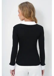 Trend Alaçatı Stili قميص أسود طية صدر السترة كتلة اللون بروتيل المرأة بلوزة - ALC-X13511