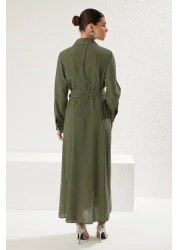  Modest فستان قميص منسوج سادة بتفاصيل حجرية كاكي - حجاب مجعد TCTSS25EB00049