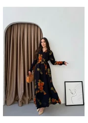 Att Style Full Length Black Floor Orange Rose Pattern Dress