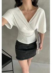 Fav Style Women's Short Sleeve Double Breasted Neck Back V Cross Band Detail Blouse White