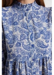  Modest فستان قميص منسوج ذو طية صدر السترة ذو مظهر عرقي أزرق TCTSS23EB00286