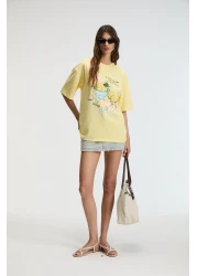 GRIMELANGE Nitza Women's 100% Cotton Oversize Crew Neck Yellow T-Shirt