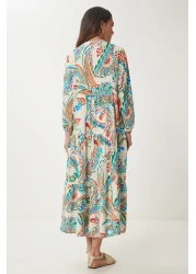 Happiness İstanbul Women's Cream Blue Patterned Buttoned Summer Viscose Dress Cr00429