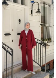 LOCCO بدلة نسائية بتفاصيل ربط أمامي باللون الأحمر الداكن