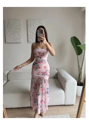 Zoom Butik Floral strapless Draped dress - pink