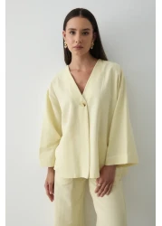 JASTE Women's Buttoned V-Neck Kimono & Elastic Waist Trousers Linen Set