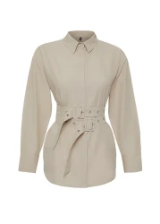  Collection قميص منسوج كبير الحجم بتفاصيل حزام حجري TWOAW25GO00025