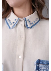 Miss Allos طقم قميص وبنطلون من الكتان بجيب أمامي مطرز باللؤلؤ والحجر للنساء