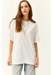 Olalook Women's White Cotton T-Shirt with Gold Buttons on the Sides TSH-19000762