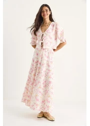 Bianco Lucci Women's Floral Patterned Tie Detailed Blouse Skirt Lined Muslin Top-Top Set 1029 60283406