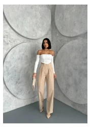 Zeo Basic Women's High Waist Velcro Closure Palazzo Pants