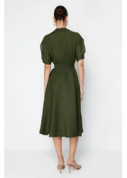  Collection Khaki A-line Shirt Collar Guiped Midi Woven Dress TWOSS21EL1023