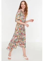  Collection Lilac Floral Pattern Belted Midi Woven Viscose Shirt Dress TWOSS20EL1559