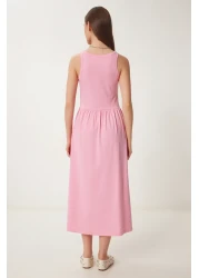 Happiness İstanbul فستان نسائي صيفي محبوك بياقة رسن وردي اللون CR00474