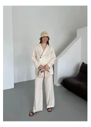 Laluvia طقم بنطلون كيمونو بزر واحد من القطن الطبيعي 100% مزدوج الصدر - 8351