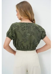 Trend Alaçatı Stili بلوزة نسائية كاكي بياقة واسعة من جبر بريميوم منسوجة ALC-X13769