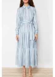  Modest Blue Shirt Dress with Gradient Stripes and Belted - Tctss24Eb00150