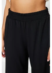  Collection بنطلون محبوك عالي الخصر قابل للتمدد - أسود مريح ذو قصة واسعة الساق TWOSS23PL00129