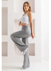 CNRCollection بنطال ضيق مضلع عالي الخصر باللون الرمادي - قماش مودال، بنطال واسع الساق