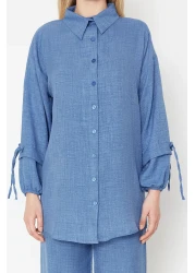  Modest طقم علوي منسوج من الكتان باللون النيلي TCTSS24US00062