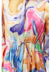  Modest Multi-Colored Magnifying Collar Drawstring Gather Detailed Abstract Woven Dress TCTSS24EB00103