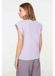  Collection تي شيرت منسوج أساسي برقبة دائرية ومظهر حشو قطن 100% أرجواني TWOSS20TS0021